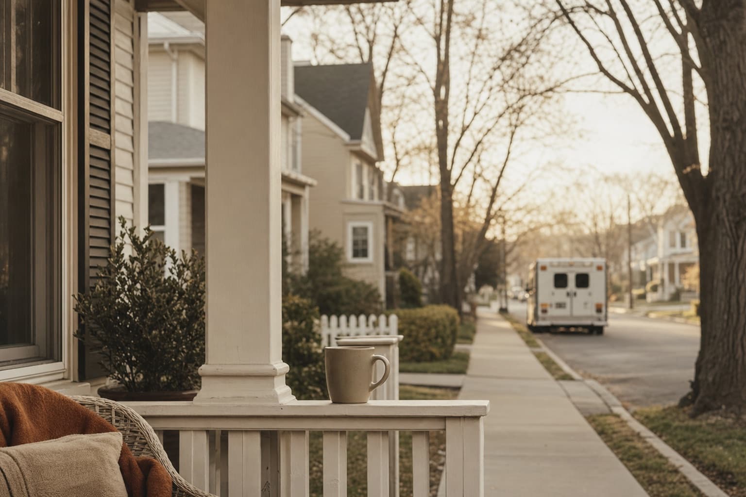 A quiet residential street in morning light, seen from a front porch