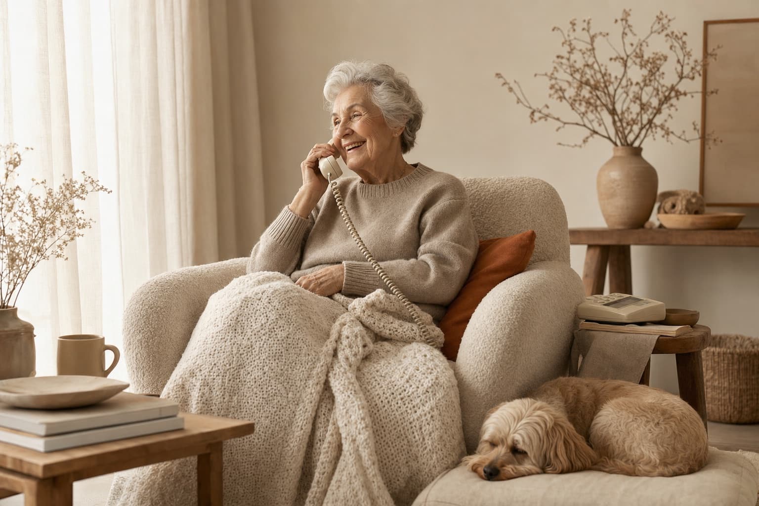 An older woman laughing during a phone call in her armchair