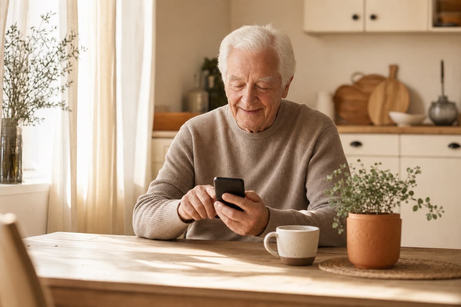 An older man at a sunlit kitchen table sends a good-morning text over coffee