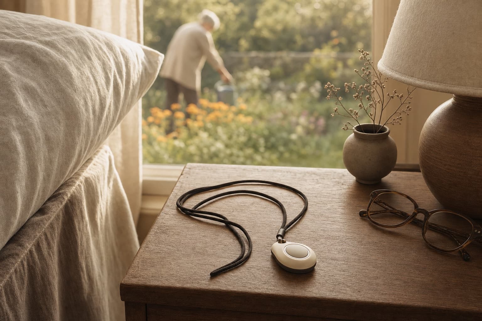 A medical alert pendant left unworn on a nightstand while its owner gardens outside