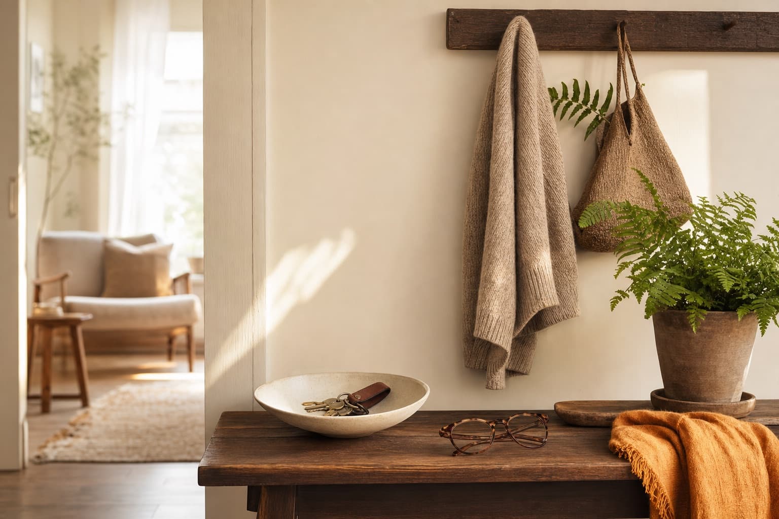 A tidy entryway table with keys, glasses, and a cardigan, no devices anywhere