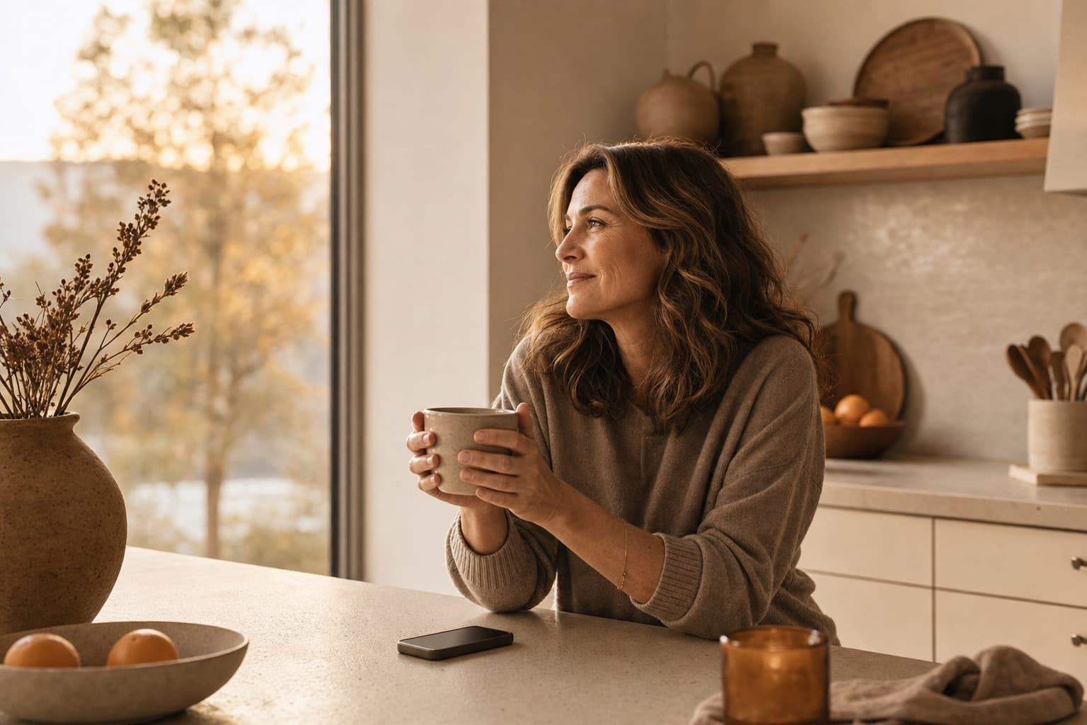 A woman at her kitchen counter at dusk, phone face down, at ease