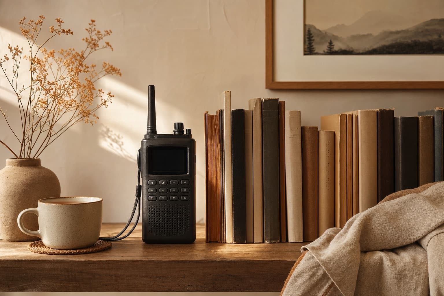 A handheld radio scanner sitting silent on a warm study shelf