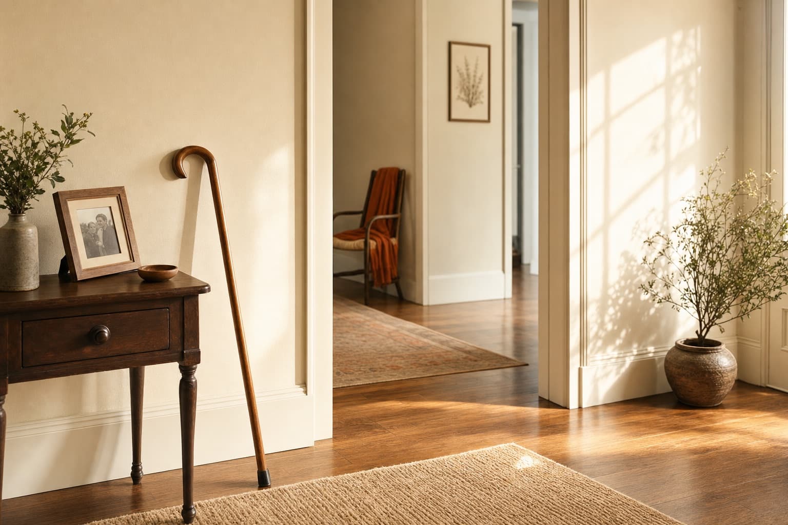 Morning sun across a hallway floor, a cane resting against the wall