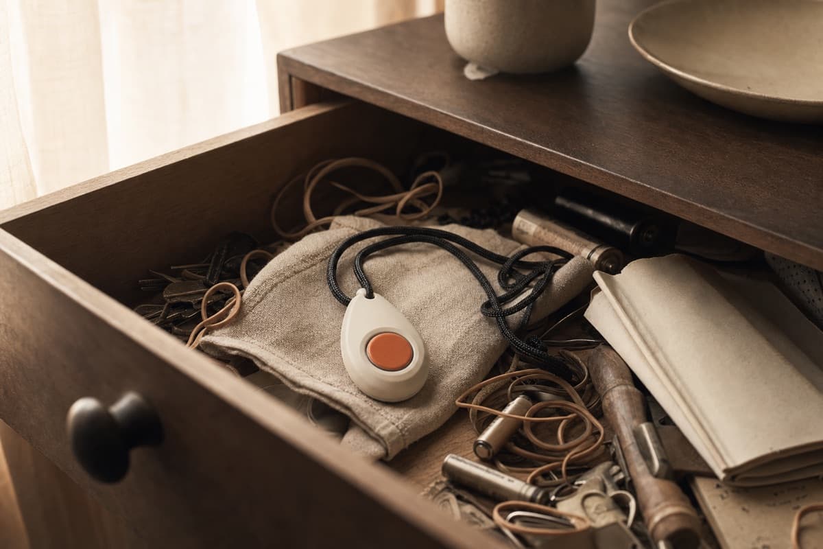 A medical alert pendant left unused in a kitchen junk drawer.