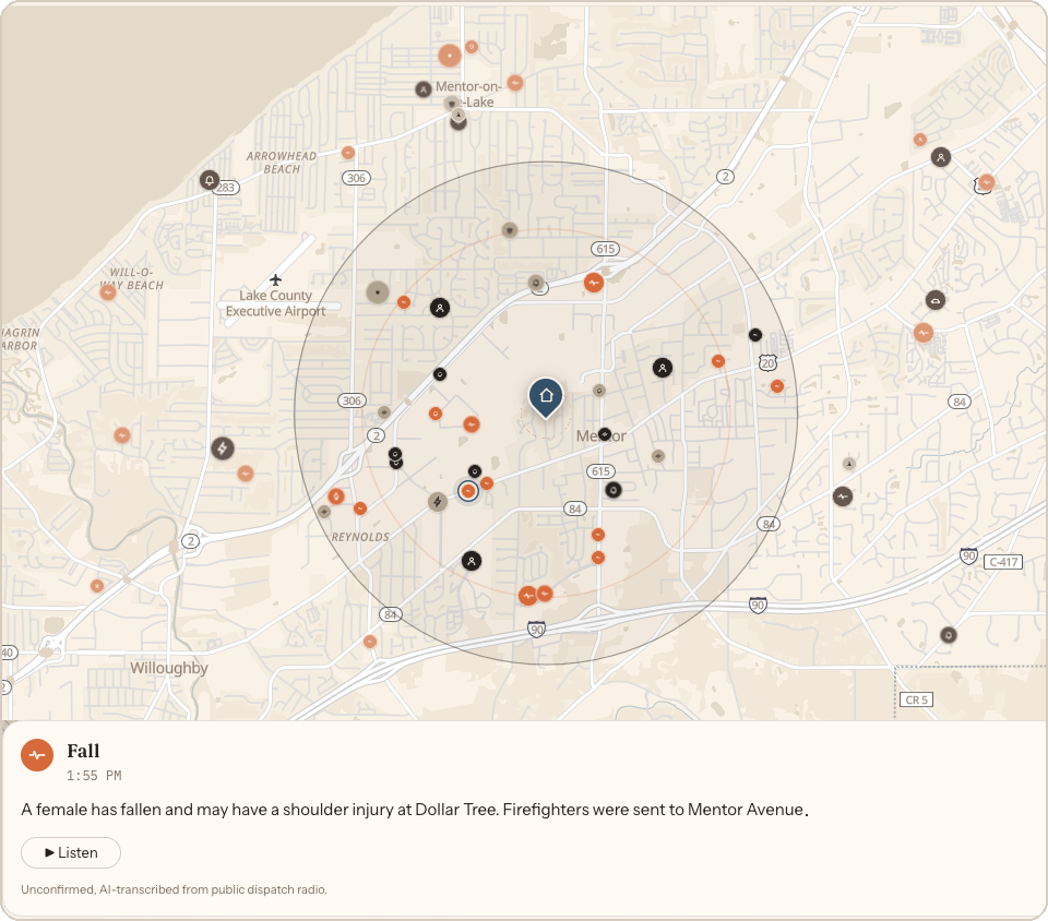 The Nearhold map watching a real address: alert radius, graded dispatch pins, and an open event with its radio audio